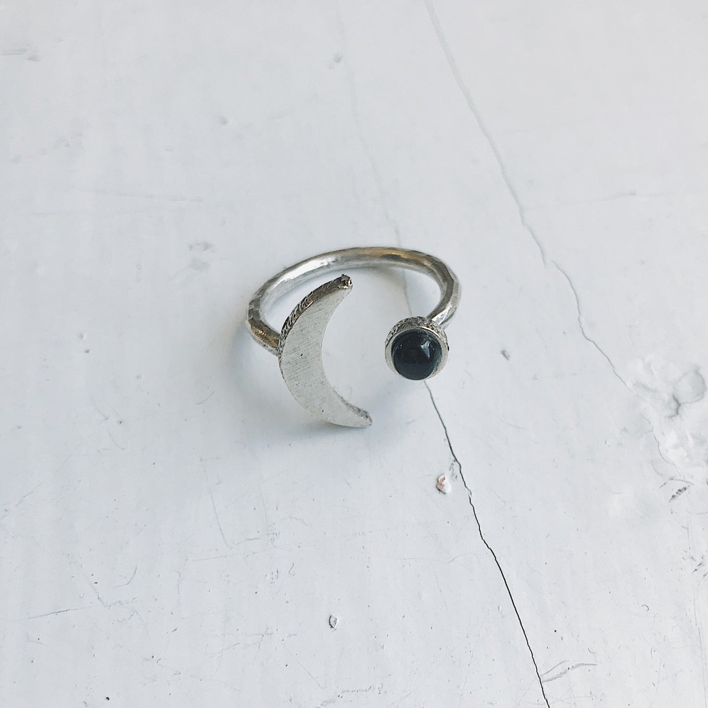 CLEARANCE Crescent Moon Ring with Black Onyx